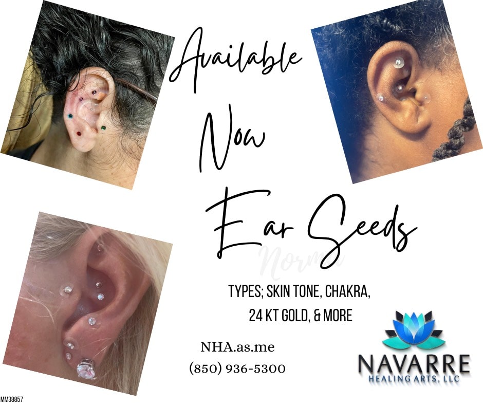 Advertisement for professional ear piercing service featuring a woman's ear at the Navarre Healing Arts wellness center in Navarre, FL.